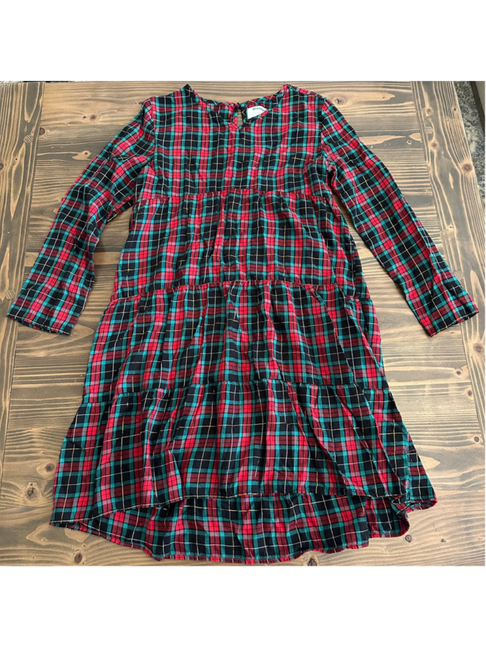 Girls Old Navy Plaid Tiered Dress XL 14 Plus Red Green Gold Holiday